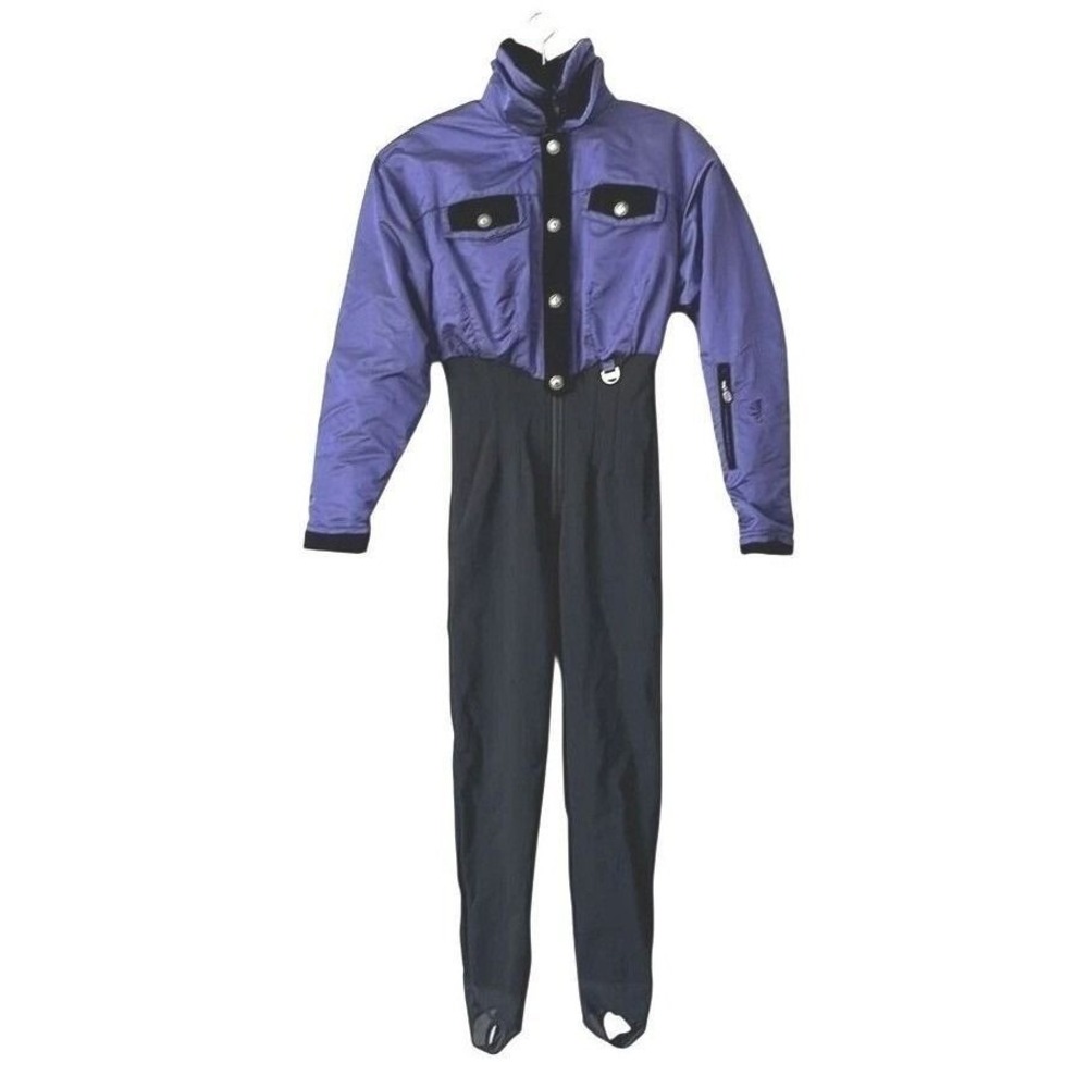 Nils Skiwear One Piece Ski Suit Women 8 Purple Black Velvet Trim Vintage 80s 90s